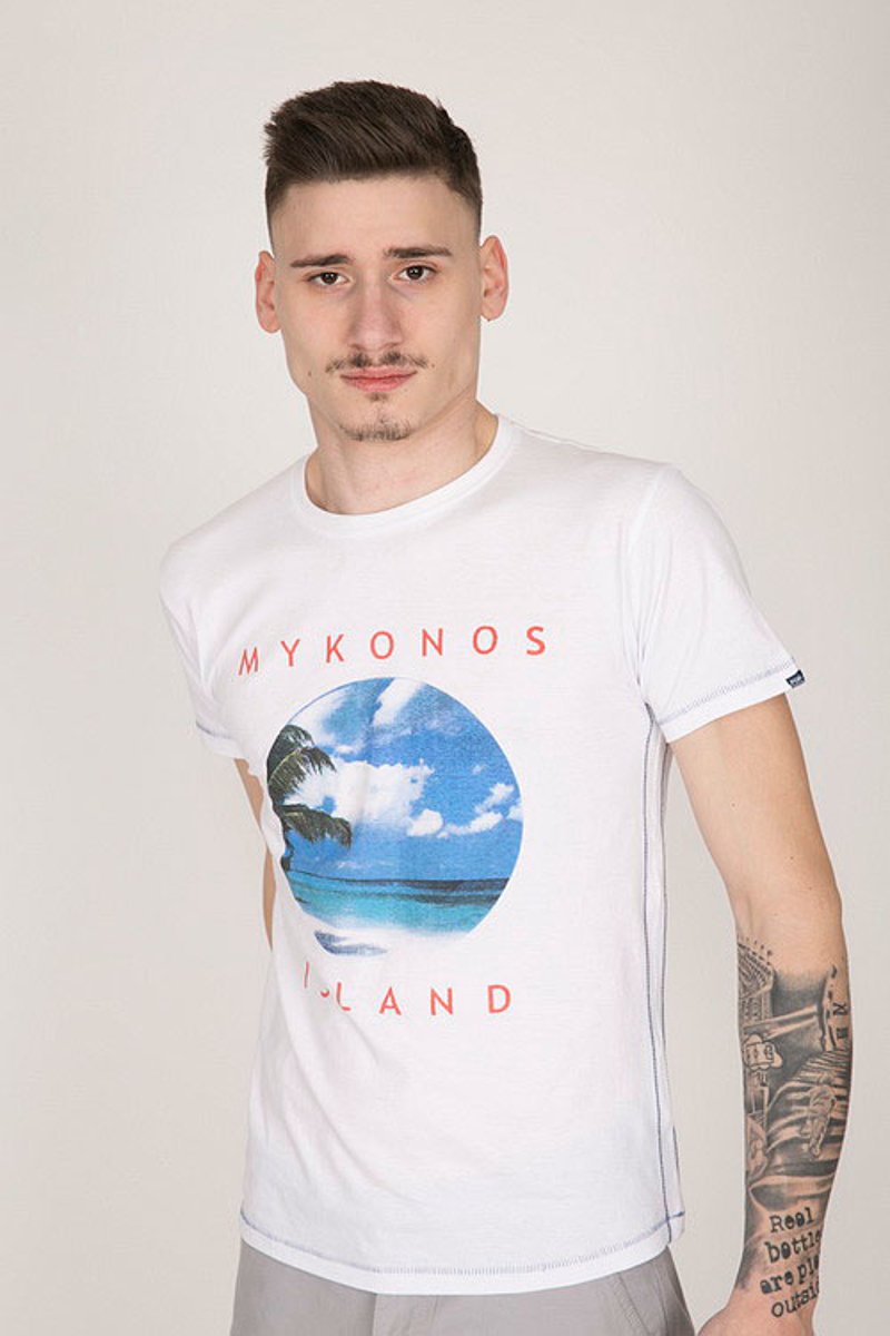 Ανδρικό Κοντομάνικο T-Shirt "Mykonos Island" σε Λευκό Χρώμα
