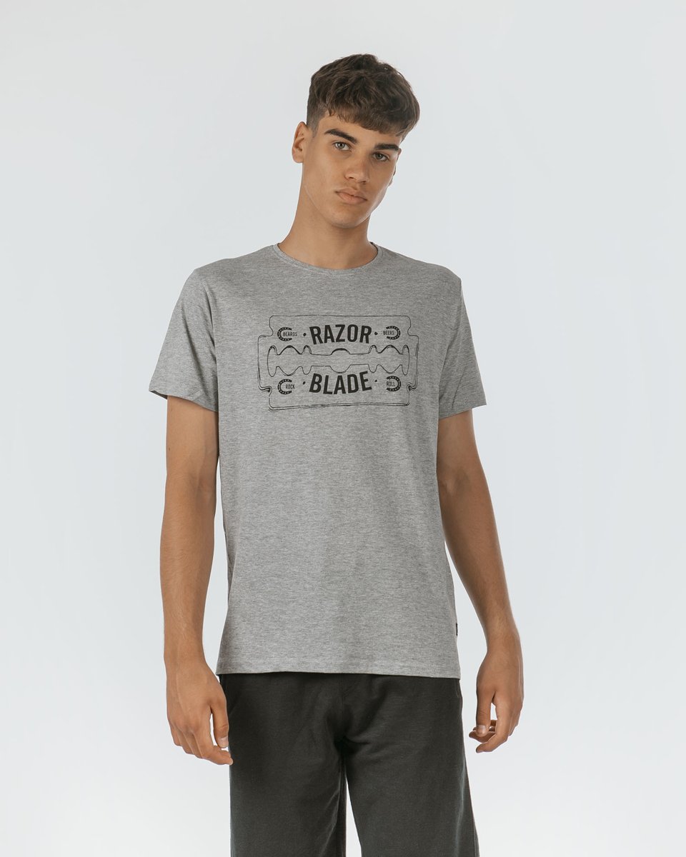 Ανδρικό Κοντομάνικο T-Shirt "Razor & Blade" σε Γκρι Μελανζέ Χρώμα