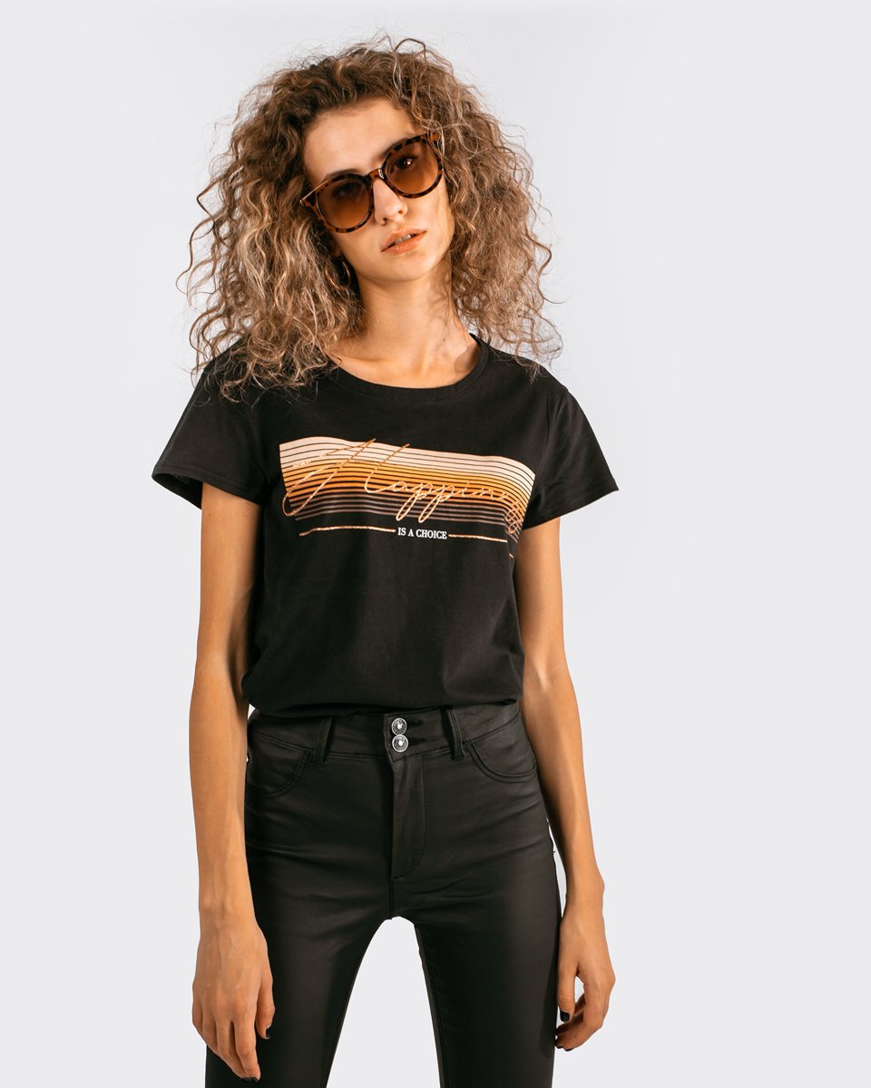 Γυναικείο Κοντομάνικο T-Shirt "Happy" σε Χρώμα Μαύρο