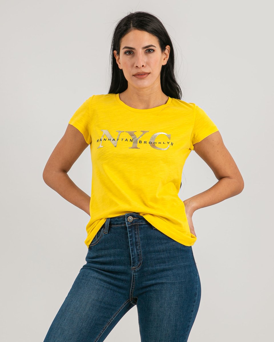 Γυναικείο Κοντομάνικο T-Shirt "NYC Manhattan Brooklyn" Κίτρινο