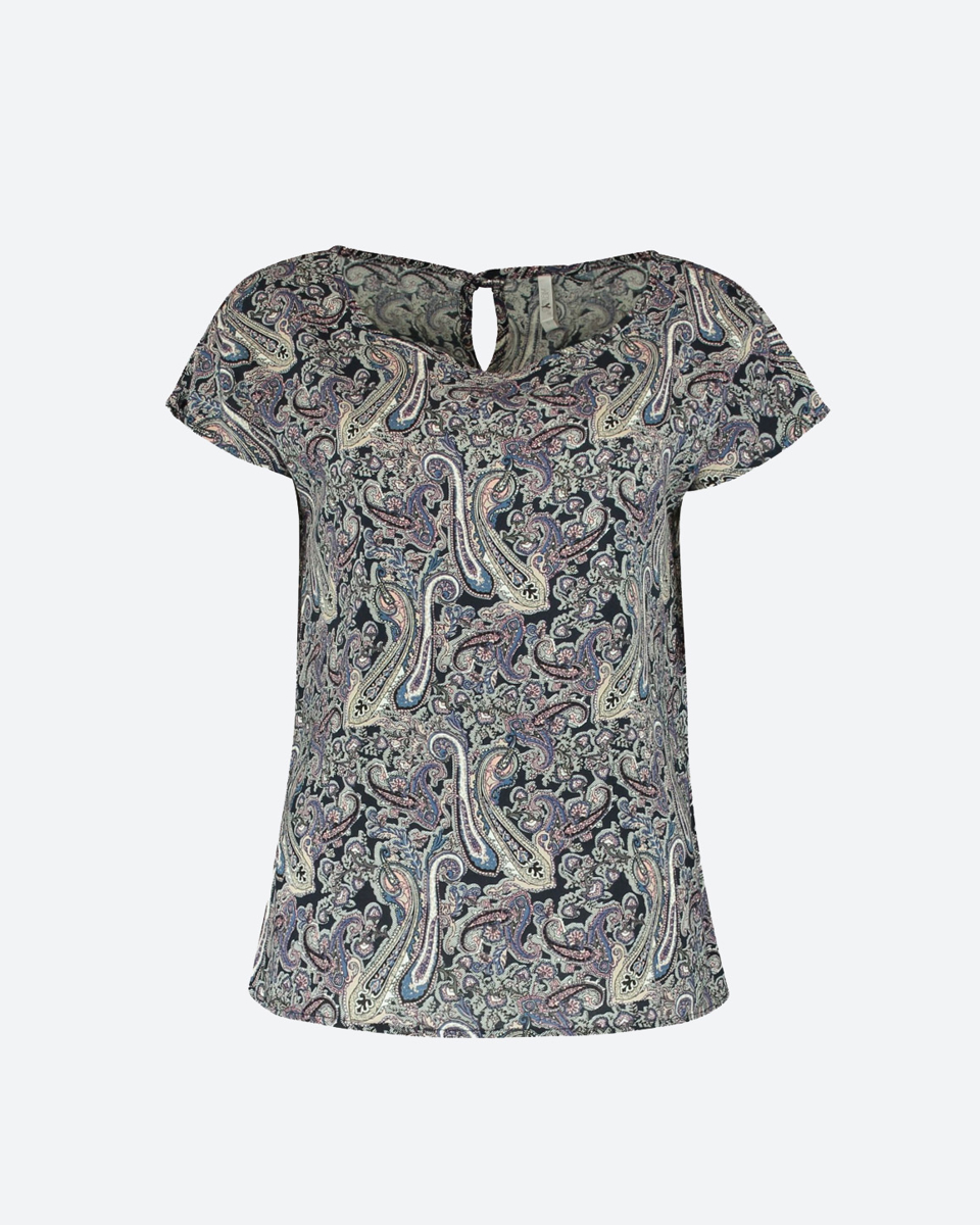 Γυναικεία κοντομάνικη μπλούζα με εμπριμέ σχέδιο "Farina" σκούρο μπλε