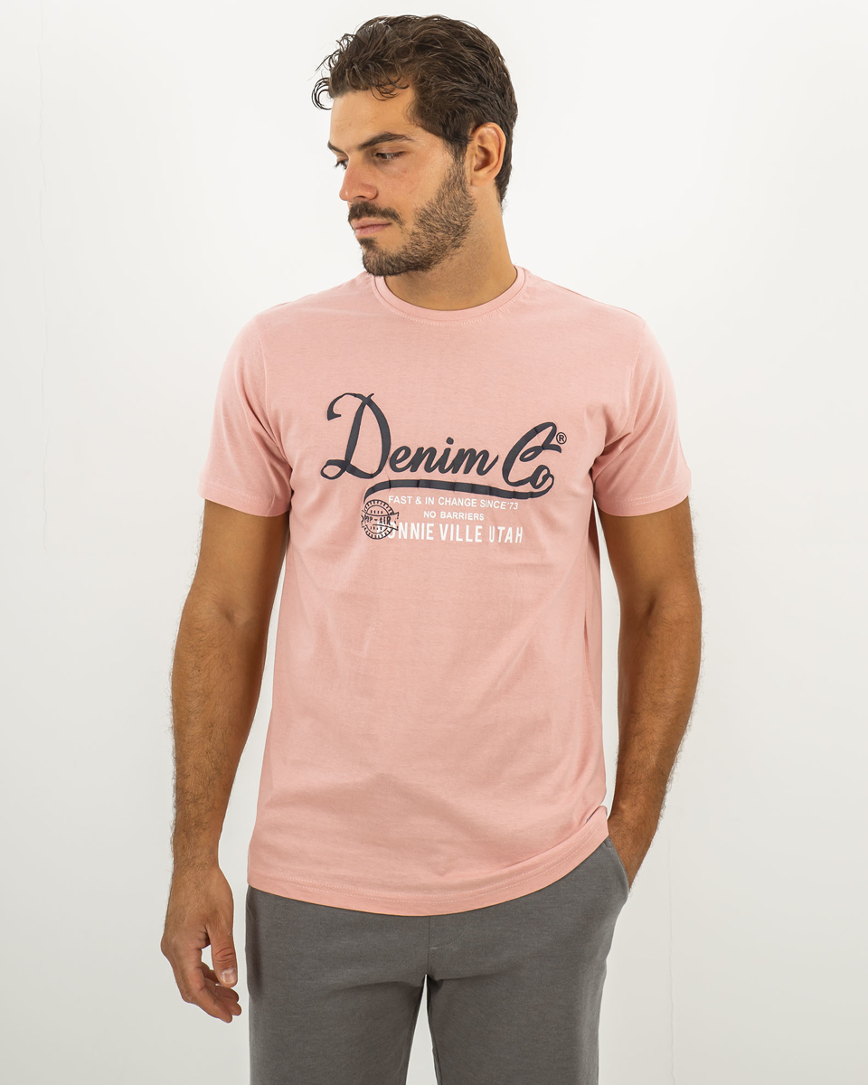 Ανδρικό Κοντομάνικο T-Shirt με Τύπωμα "Denim" Ροζ