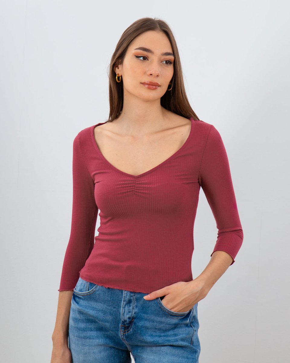 Γυναικεία Μπλουζα Ριπ Με V Ντεκολτε 3/4 "Linea" Σκούρο Ροζ