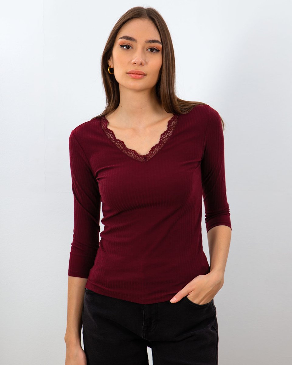 Picture of V-Neck Ribbed T-Shirt "Lill" Bordeaux