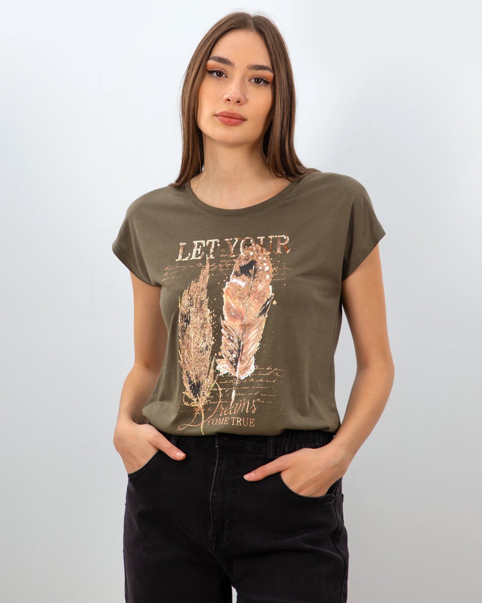 Γυναικεία Κοντομάνικη Μπλούζα με Τύπωμα "En44ny" Χακί