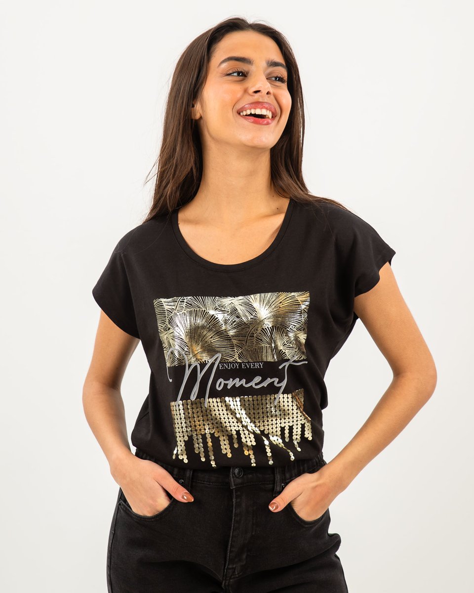 Γυναικεία Κοντομάνικη Μπλούζα με Τύπωμα "Vaness" Μαύρο