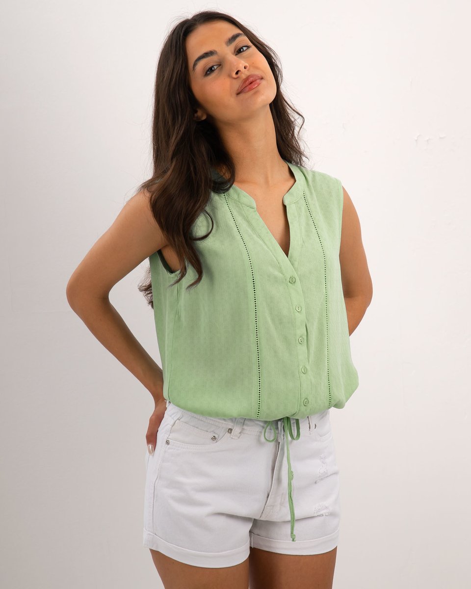 Γυναικεία Αμάνικη Μπλούζα-Πουκάμισο με Κεντήματα "Ro44se" Ανοιχτό Πράσινο