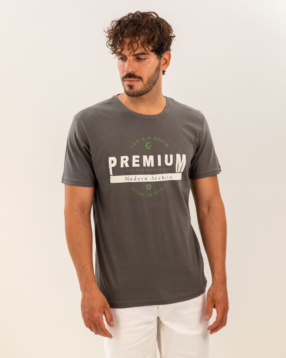 Ανδρικό Κοντομάνικο T-Shirt με Τύπωμα "Premium" Ανθρακί