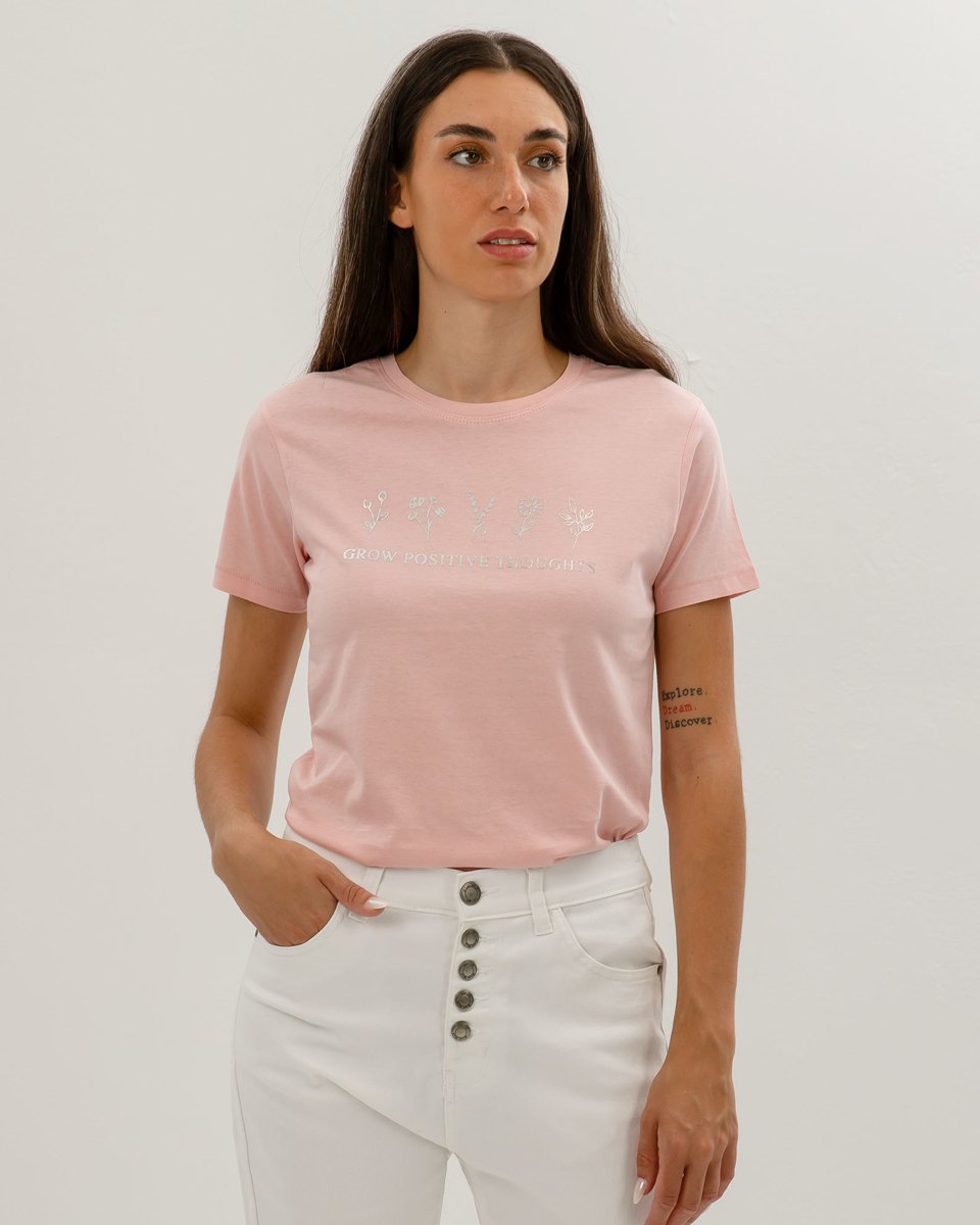 Γυναικεία Κοντομάνικη Μπλούζα με Τύπωμα "Grow positive thoughts" Ροζ