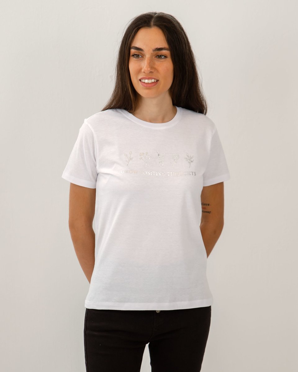 Picture of Γυναικεία Κοντομάνικη Μπλούζα με Τύπωμα "Grow positive thoughts" Λευκό