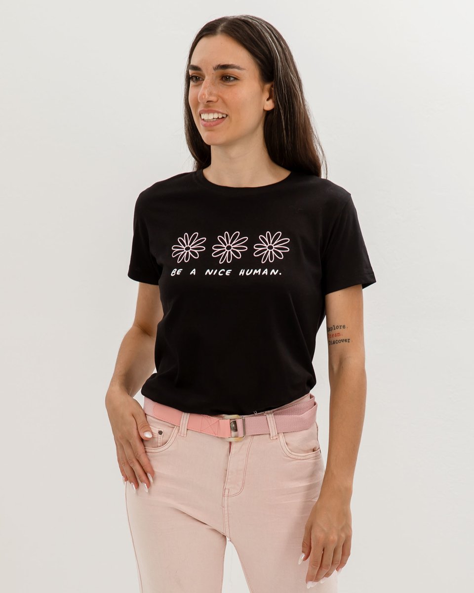 Picture of Γυναικεία Κοντομάνικη Μπλούζα με Τύπωμα "Be a nice human" Μαύρο