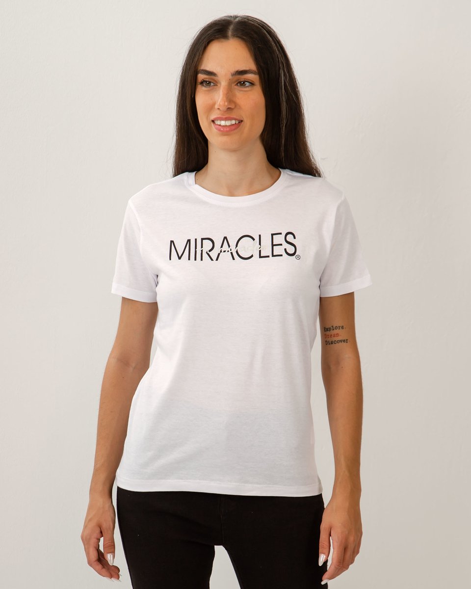 Γυναικεία Κοντομάνικη Μπλούζα με Τύπωμα "Miracles" Λευκό