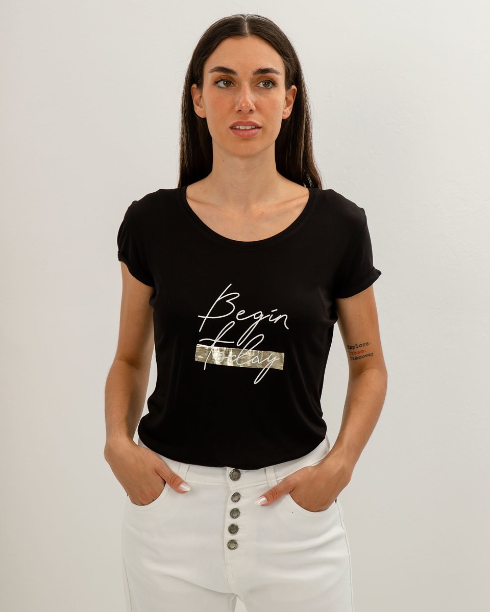 Γυναικεία Κοντομάνικη Μπλούζα με Τύπωμα "Begin today" Μαύρο