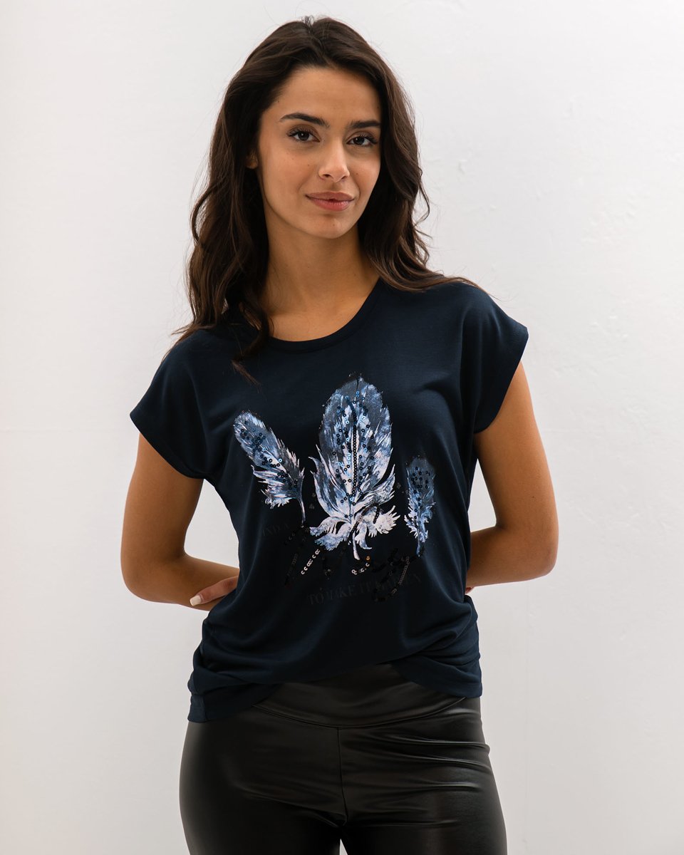 Picture of Γυναικεία Κοντομάνικη Μπλούζα με Τύπωμα "Ma44vie" Σκούρο Μπλε